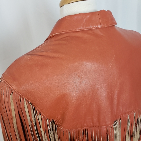 Vintage Pioneer Wear Retro Orange Leather Fringe Western Jacket - Picture 8 of 8
